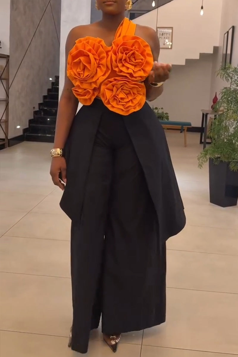 Women's Fashion 3D Floral Trim Vest Layered Pants Set