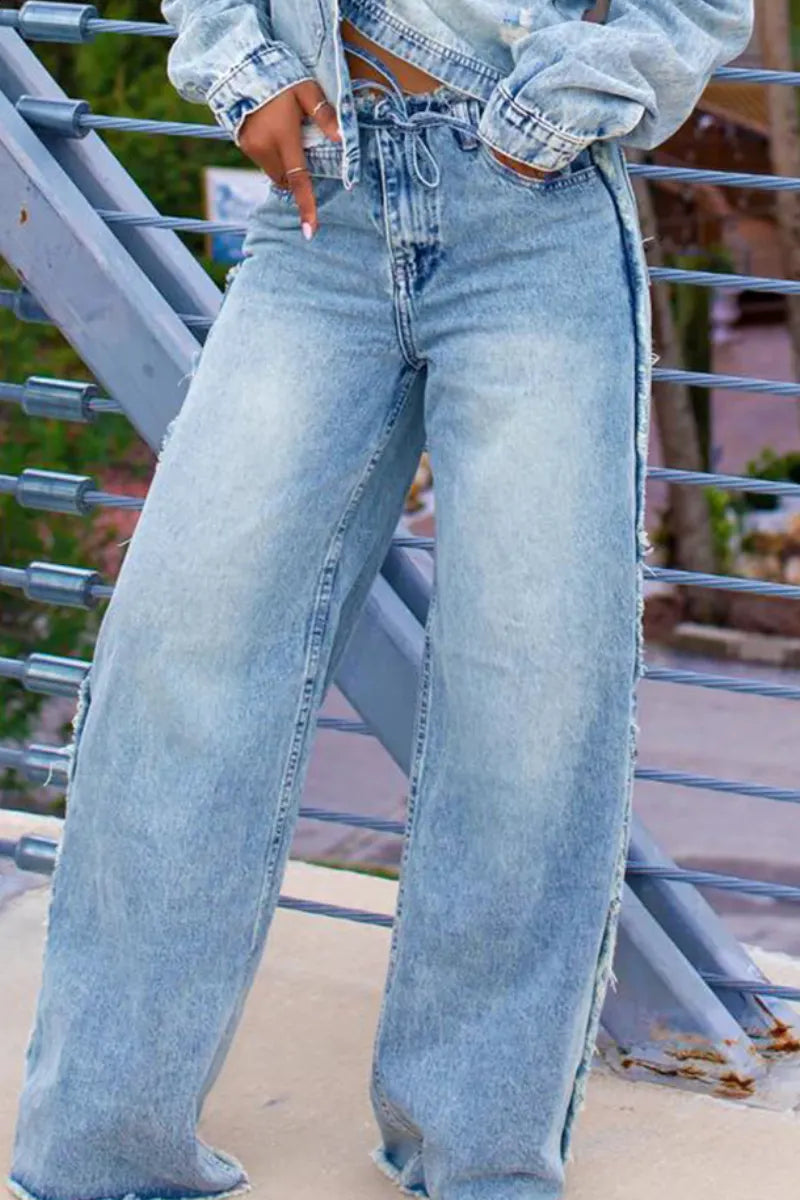 Women Collared Jacket + Pants Casual Denim Set