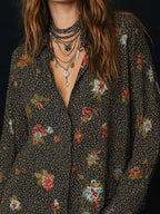 Retro Floral Print Curved Hem Ruffled Sleeves Blouse