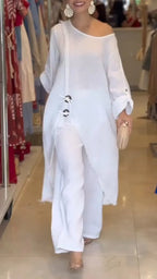 Women's Round Neck Cotton and Linen Irregular Casual Suit