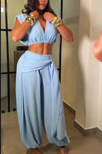 Women's Solid Light Blue Deep V Sleeveless Ruched Crop Top Or High Waist Twist Wrap Front Textured Wide Leg Pants
