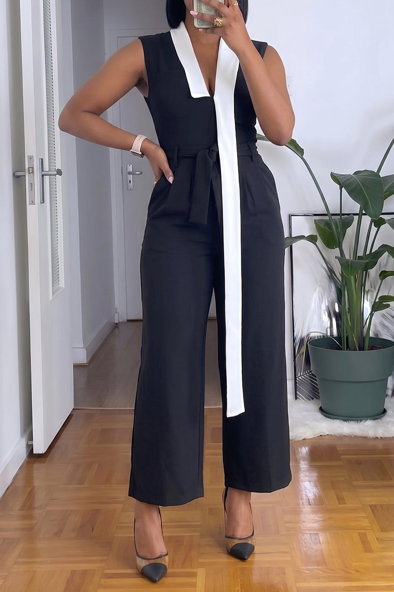 Women's Tailored Wide-Leg Cropped Jumpsuit with White Lapel Trim