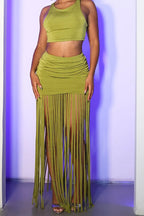 Women's Tight Fitting Vest Vacation Top Or Fringe Fitted Skirt