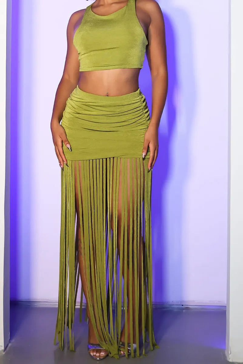 Women's Tight Fitting Vest Vacation Top Or Fringe Fitted Skirt