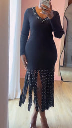 Women V-neck Patchwork Diamond Studded Tassel Elegant Temperament Knitted Dress