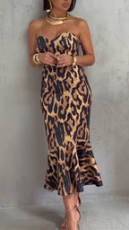 Women's Strapless Printed Waist Cinching Elegant Temperament Maxi Dresses