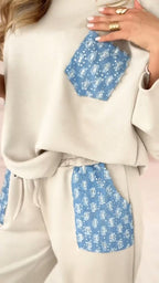 Women's Round Neck Patchwork Top + Drawstring Pants Casual Commuter Suit
