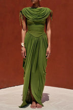 Women's Elegant Pleated Slim Fit Maxi Dress