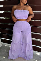 Women's Frill Edge Strapless Full Smocked Crop Tube Top Or High Waist Shirred Waist Tiered Ruffle Flowy Wide Leg Pants