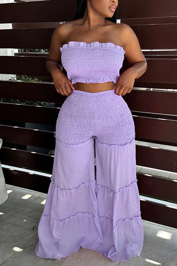 Women's Frill Edge Strapless Full Smocked Crop Tube Top Or High Waist Shirred Waist Tiered Ruffle Flowy Wide Leg Pants