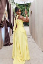 Womem Yellow Halter Neck Maxi Dress with 3D Puffed Bust
