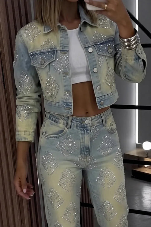 Ladies' Casual Rhinestone Denim Jacket And Straight Leg Jeans