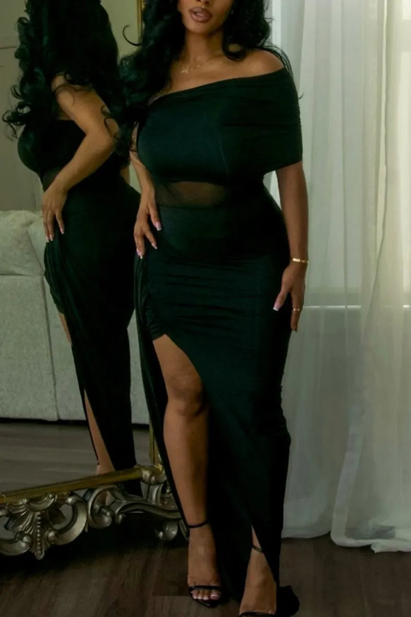 Women's Casual Off Shoulder Ruched Maxi Dress with Mesh Panel and High Side Slit