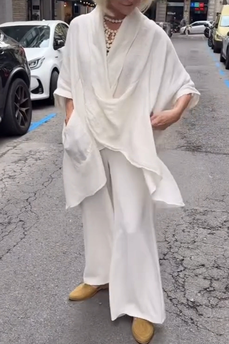 Womens V-neck Top+ Wide Leg Pants Loose Casual Suit
