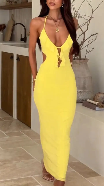 Women Neck Hanging Solid Color Hollow Sexy Casual Dress