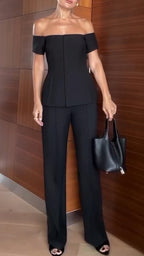 Womens One-shoulder Button-down Top + Pants Solid Color Casual Suit