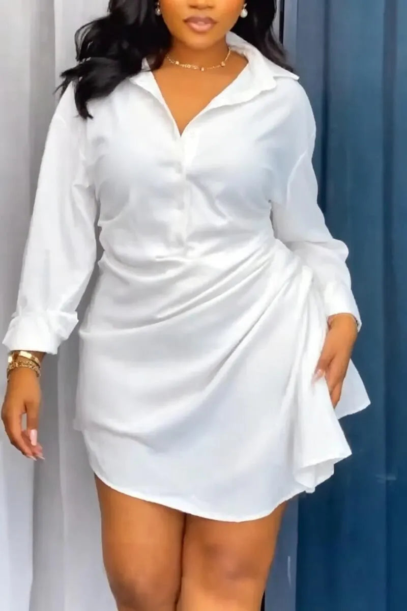 Women Collar Solid Color Waist Cinched Irregular Elegant Casual Mini Dresses