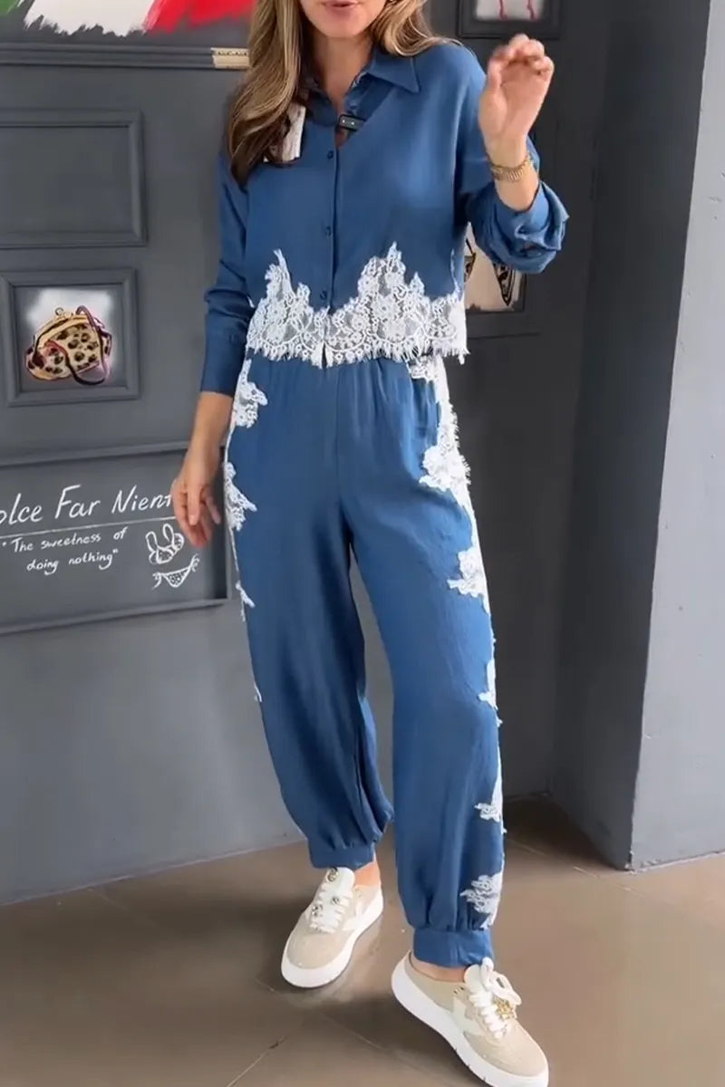 Women's Collar Patchwork Lace Pattern Shirt+ Pants Casual Set