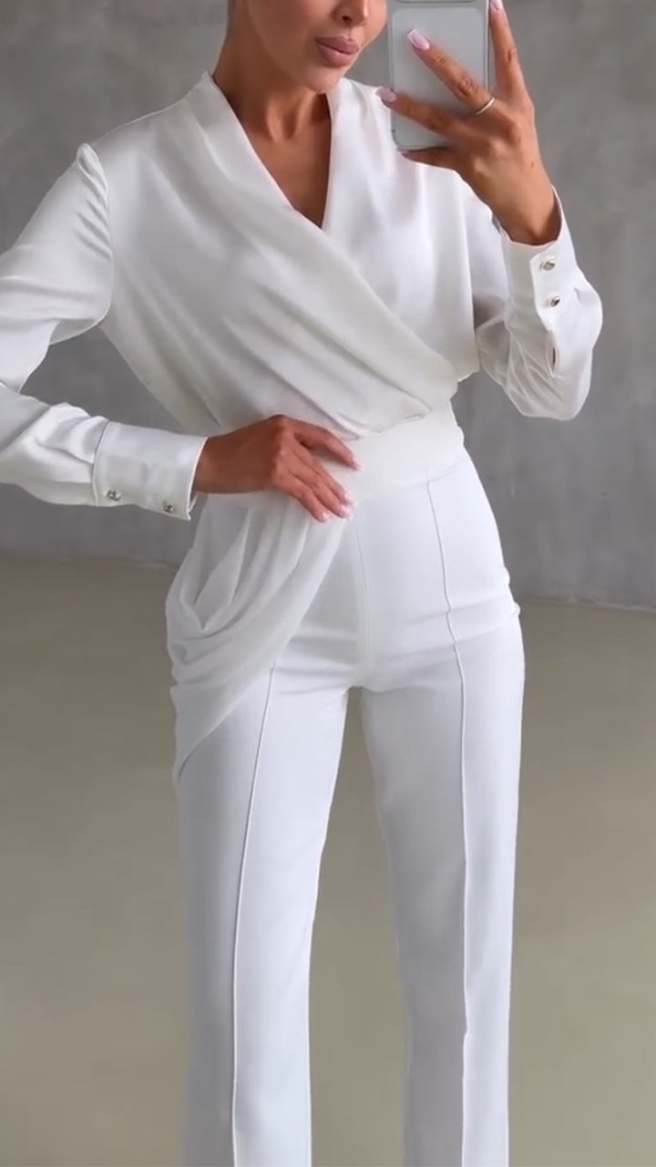 Women V-neck Top + Patchwork Pants Solid Color Temperament Commuting Set