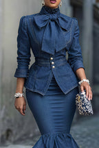 Women's Elegant Bow Denim Shirts & Fishtail Skirt