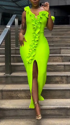 Women Off-shoulder Ruffled Fitted Slit Bodycon Dress with Elegant and Sophisticated Style