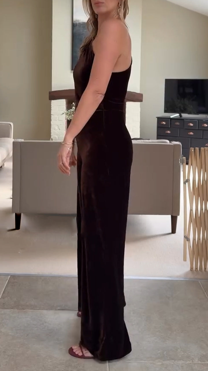 Women One Shoulder Velvet Temperament Casual Jumpsuit