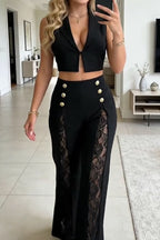Women's Sleeveless Button Front Commuter Vest Top Or Wide Leg Pants