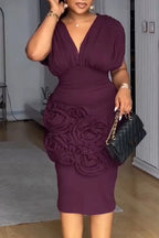 Women V-neck and Waist Cinched Three-dimensional Flower Elegant Temperament Midi Dresses
