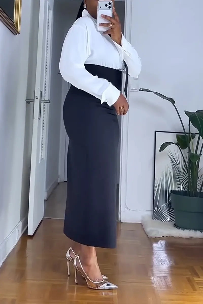 Women's Elegant Solid Shirts & High-Waist Bodycon Skirt