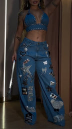 Women Neck Hanging Nail Bead Top+ Printed Spicy Girl Casual Denim Suit