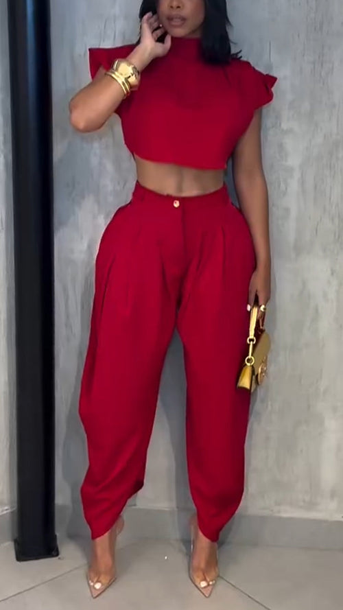 Ladies Round Neck Solid Color Temperament Casual Suit