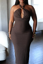 Women's Casual Bodycon Halter Midi Dress Ribbed Knit Cutout Sleeveless Party Dress