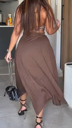 Women Neck Hanging Printed Top+ Half Skirt Vacation Casual Style Set