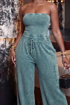 Women's Casual Mineral Wash Green Strapless Wide Leg Jumpsuit with Side Pockets