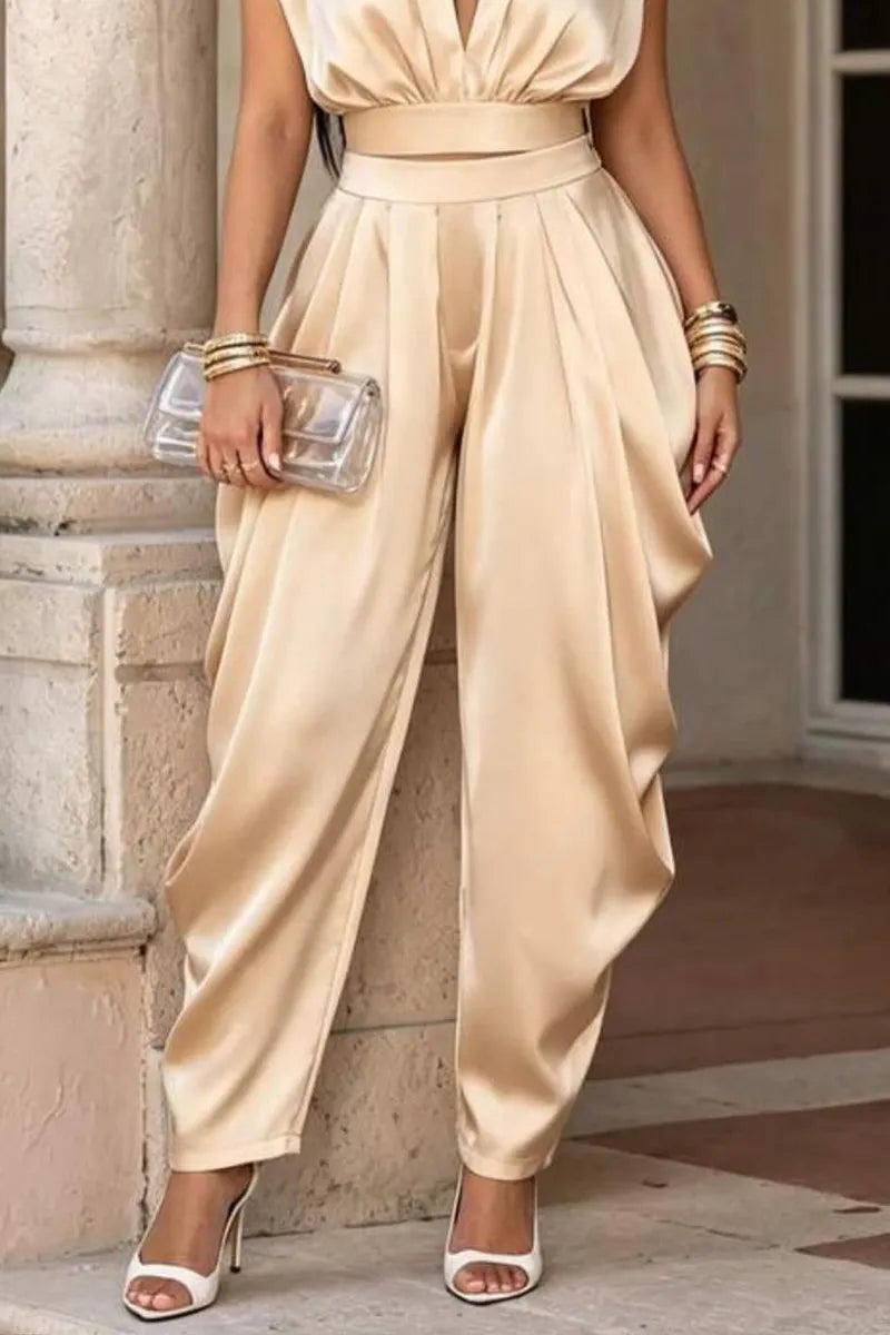 Women's Champagne Satin Deep V Cutaway Shoulder Elastic Waist Crop Top Or Elastic Waist Loose Flowy Satin Baggy Trousers