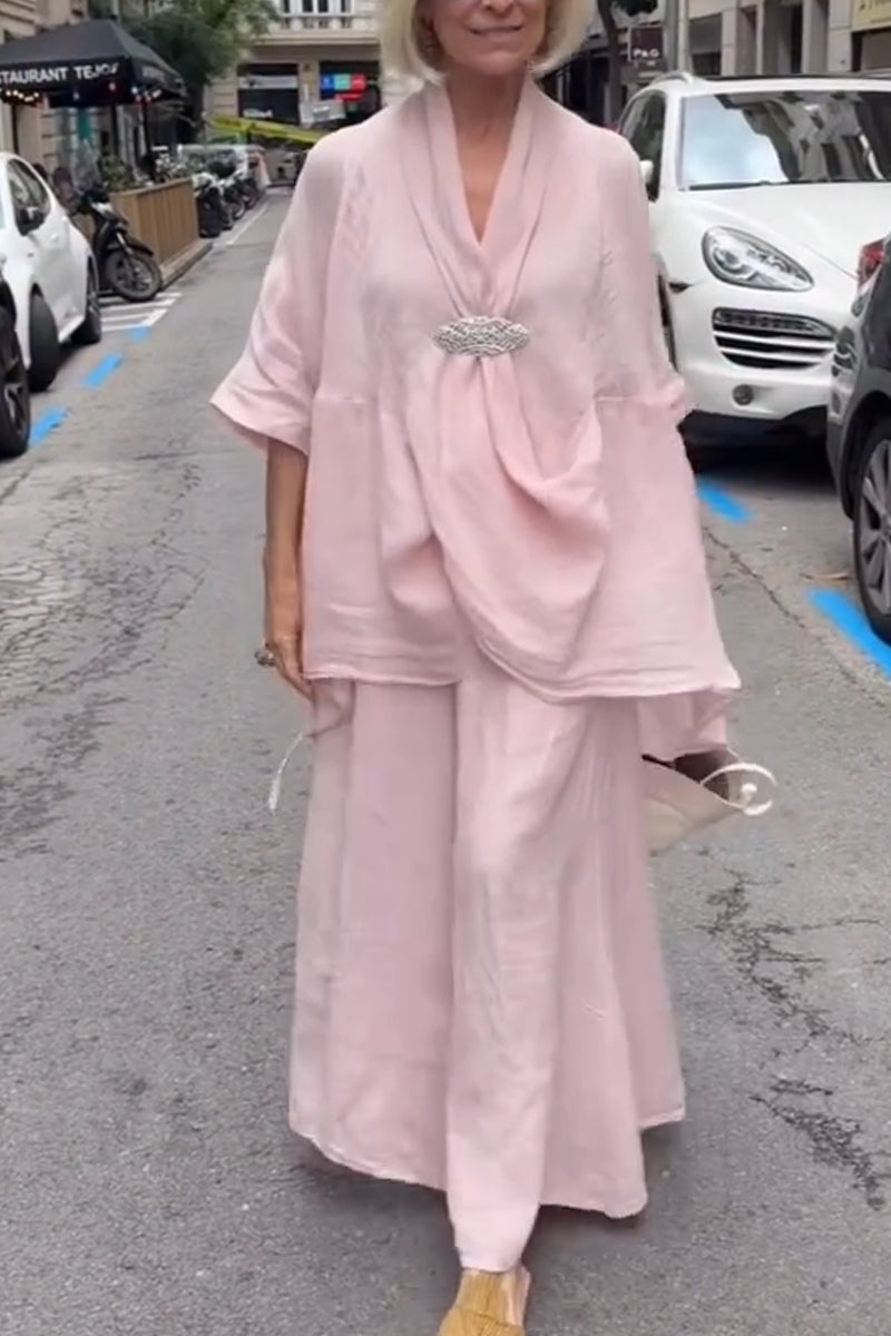 Womens V-neck Top+ Wide Leg Pants Loose Casual Suit