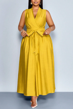 Women's Mustard Yellow Satin V-Neck Waist Tie Maxi Dress