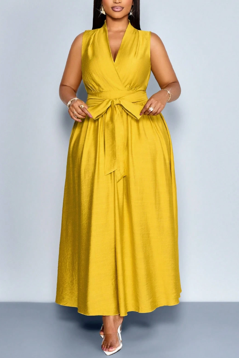 Women's Mustard Yellow Satin V-Neck Waist Tie Maxi Dress