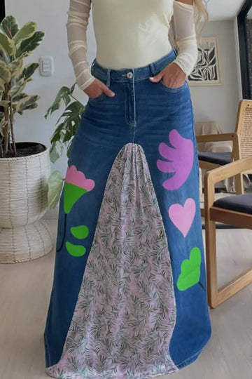 Women Printed Patchwork Casual Denim Skirt