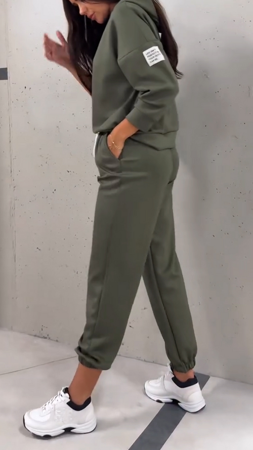 Ladies Round Neck Hooded Top+ Drawstring Pants Casual Set