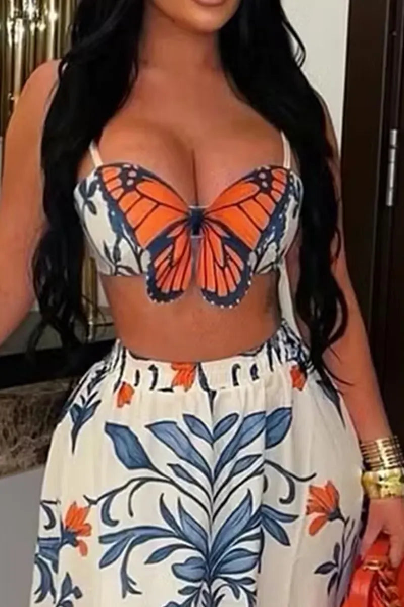 Women's Butterfly Print Vacation Cami Top Or Printed Long Skirt