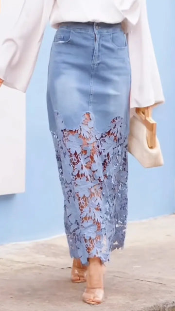 Women Pattern Hollow Washing Casual Denim Half Skirt