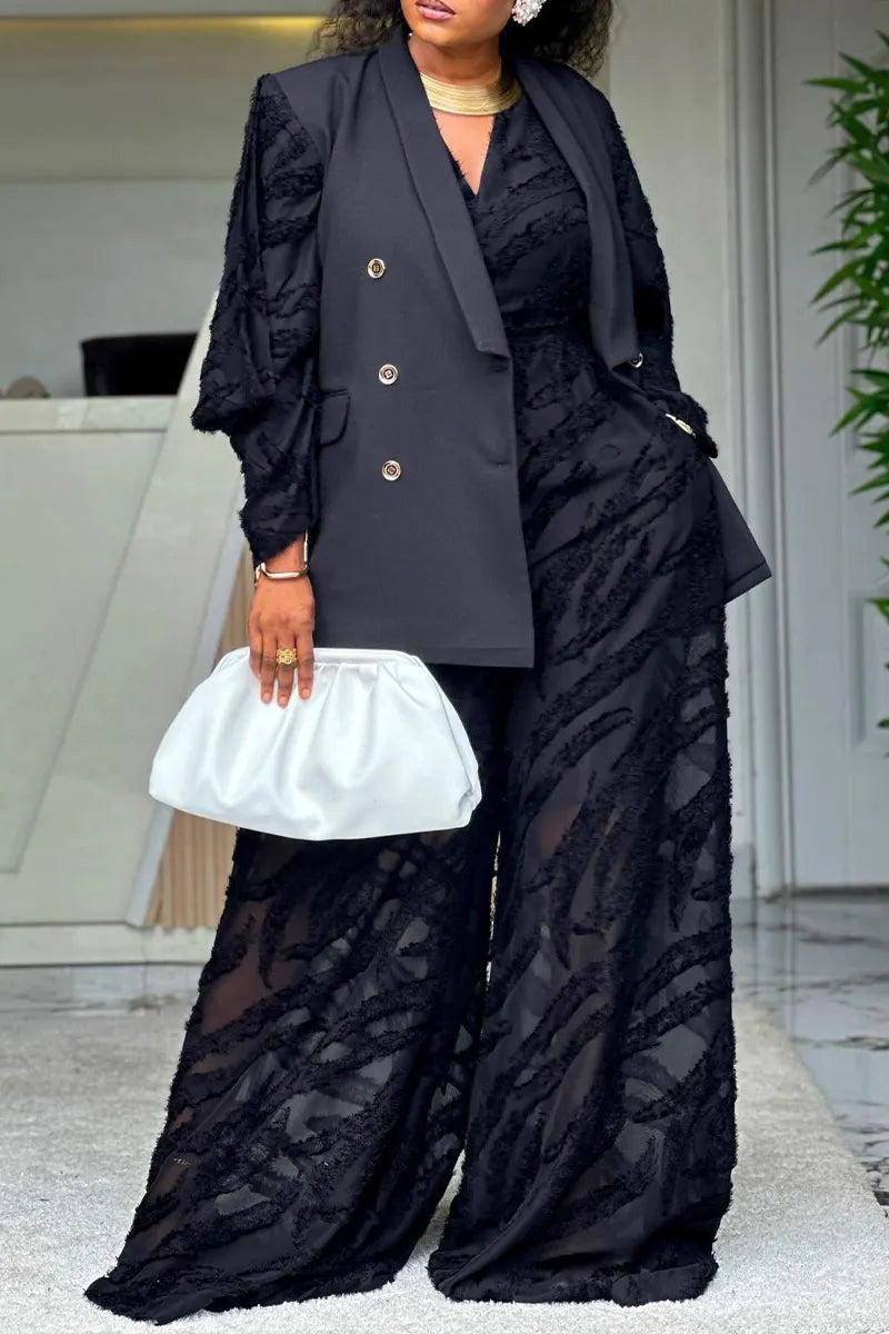 Women's Casual Double-Breasted Blazer Vest or Textured Jumpsuit