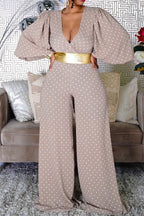 Women's  Casual Polka Dot Jumpsuit with Balloon Sleeves and High Waist Wide Leg Pants
