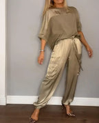 Women's Smooth Satin Half-sleeved Top and Pant Suit Two-piece