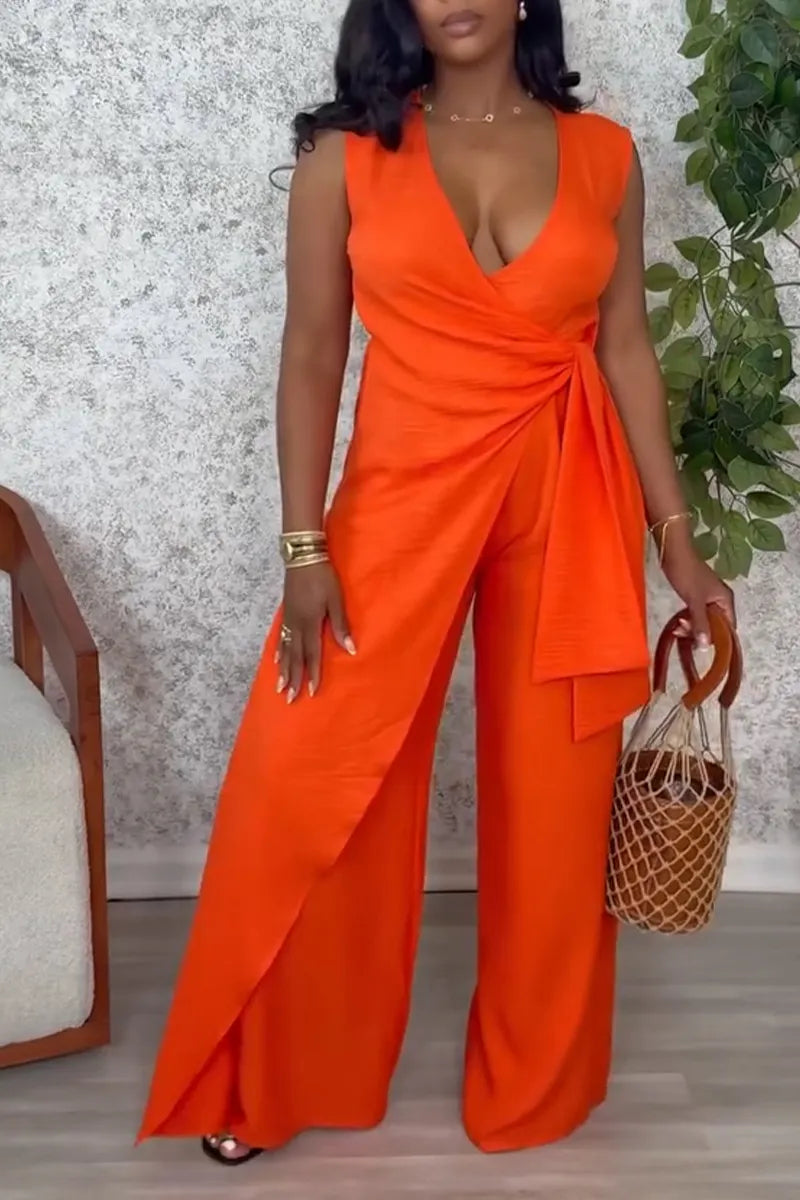 Women's Casual V Neck Layered Tie Wide Leg Jumpsuit
