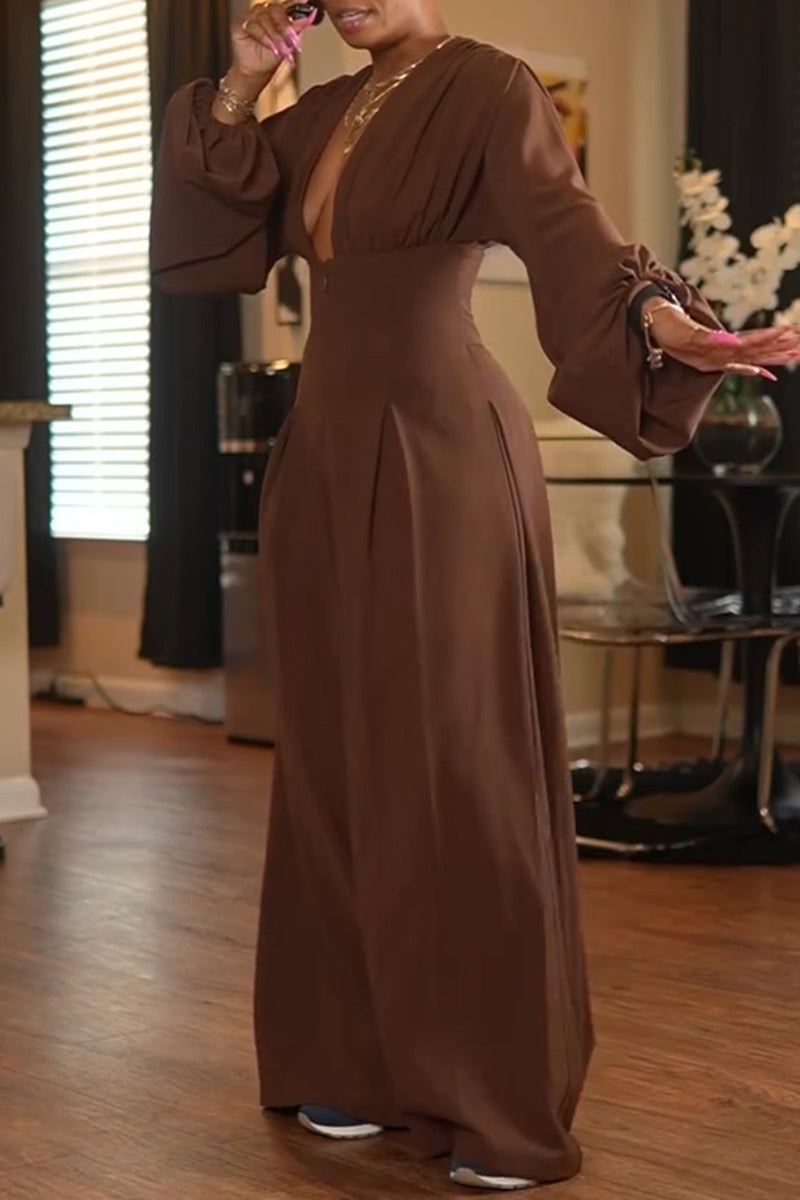Women's Elegant V Neck Puff Sleeve Wide Leg Jumpsuit