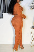 Women's Knit Two-Piece Outfit with Fringe Trim on Sleeves or Pants