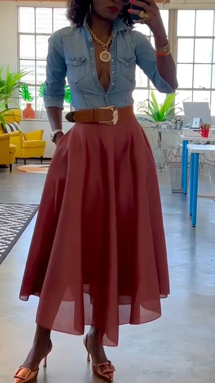 Womens Collar Shirt+ Half Skirt Casual Suit