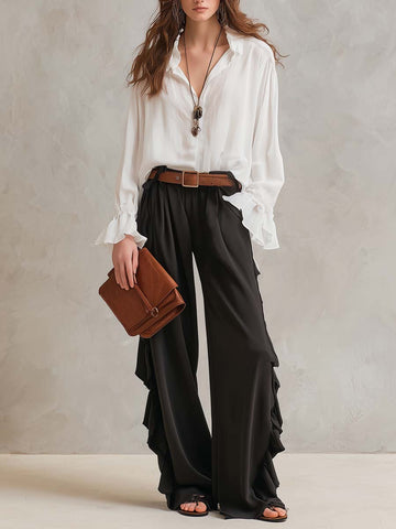 Retro Ruffled Chiffon Shirt And Pants Two-piece Set